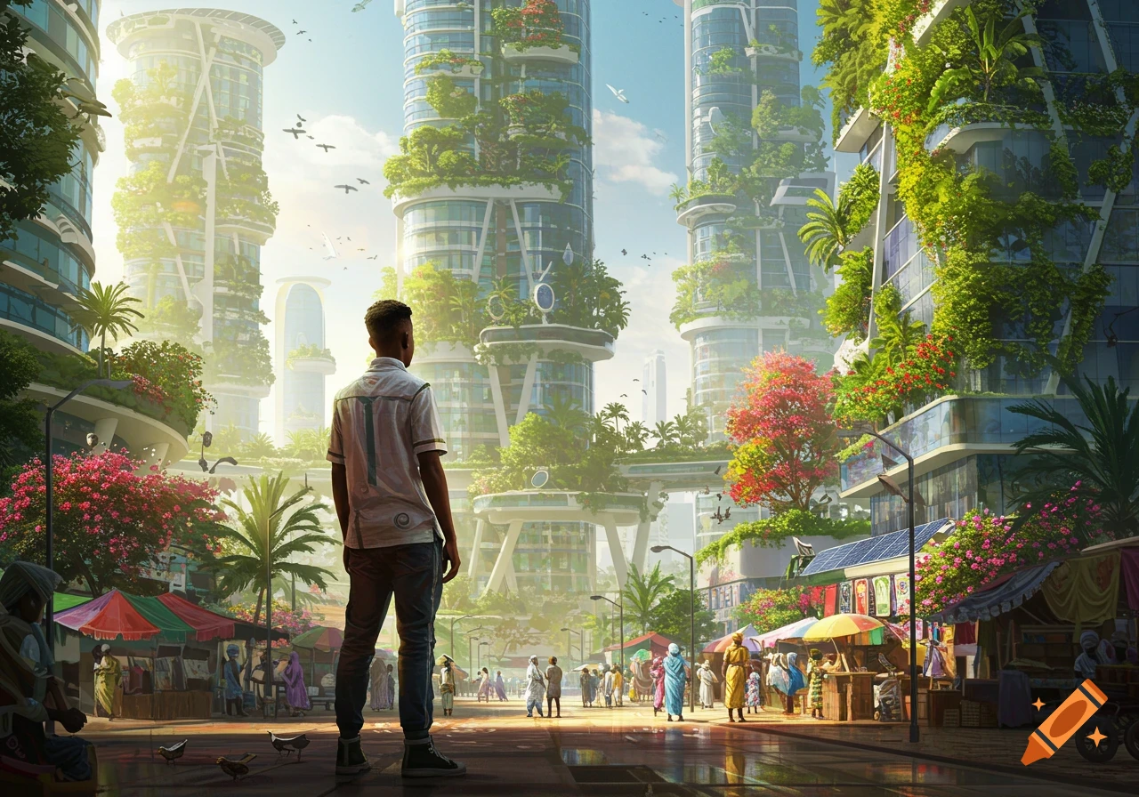 A person looks over a vibrant solar punk city with green high-rises and a bustling market street below.
