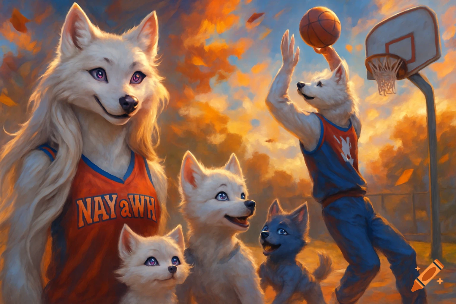 A family of anthropomorphic white wolves playing basketball on an outdoor court at sunset, with a parent wolf shooting a hoop.