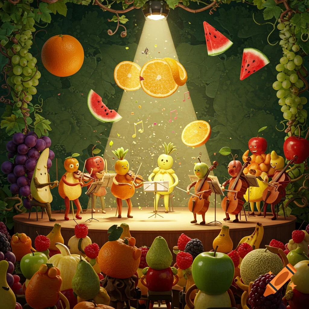 A whimsical fruit orchestra performs on a stage under a spotlight, with an audience of various fruits.