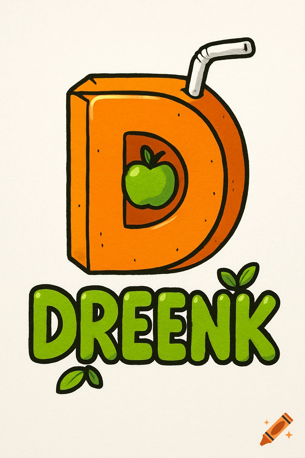 A cartoon illustration of an orange juice box shaped like the letter D with a green apple and a straw, above the word "DREENK" in green bubble letters.