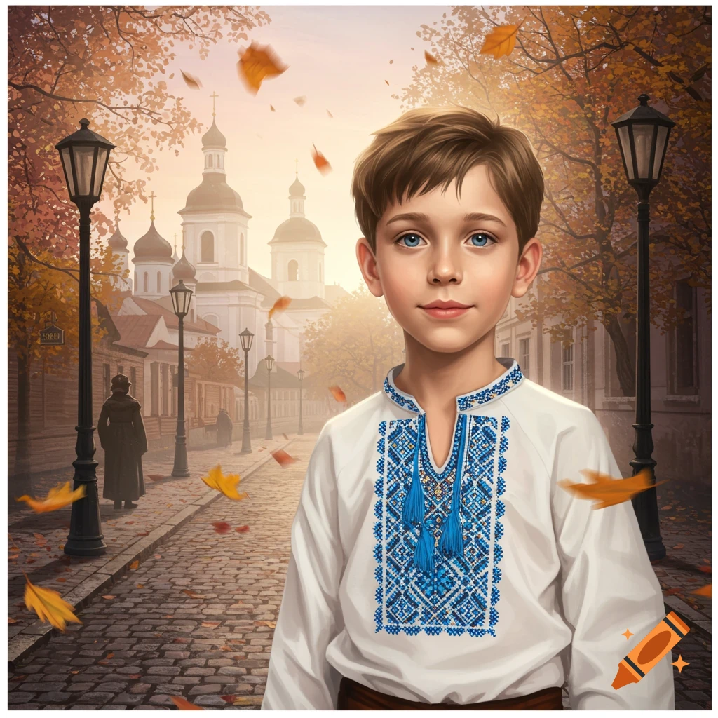 A young boy in a traditional Ukrainian embroidered shirt stands on a cobblestone street with autumn leaves and church domes in the background.