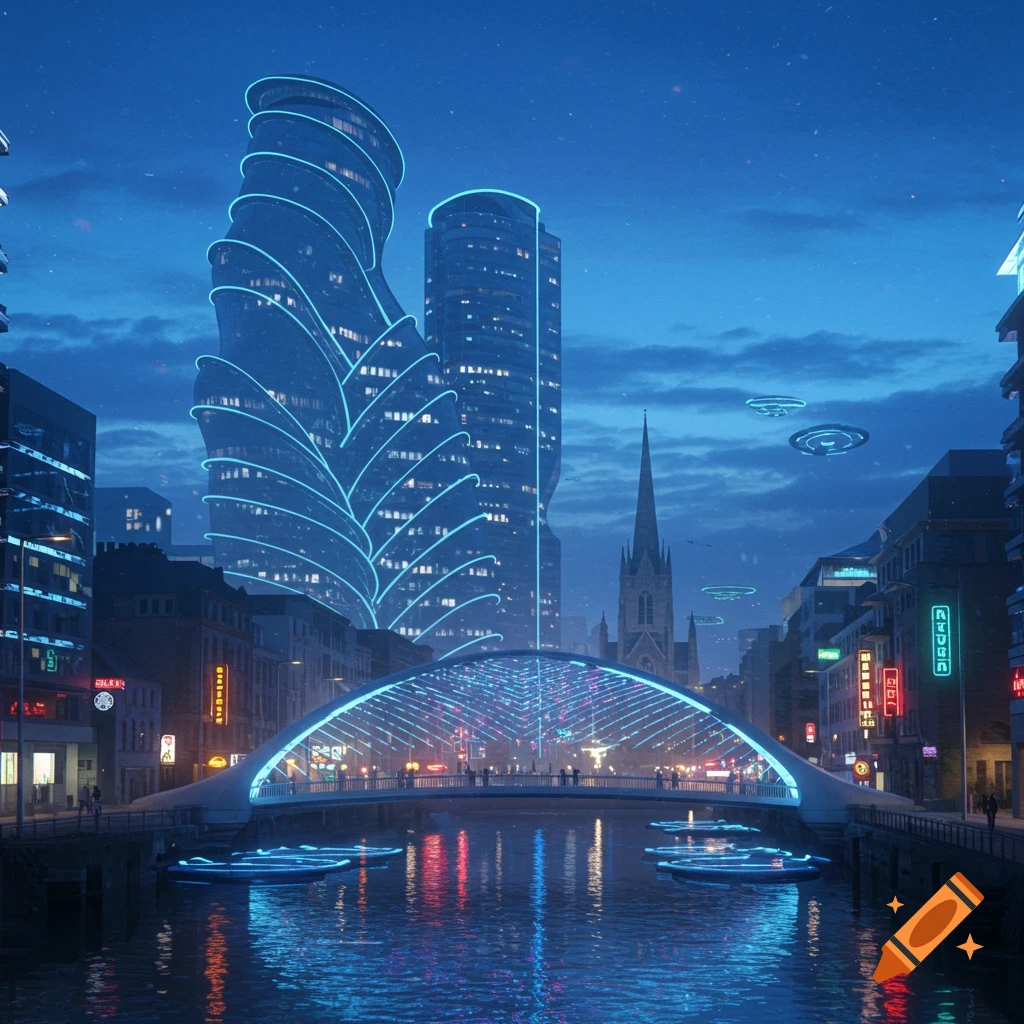 Futuristic city at night with illuminated skyscrapers, a neon-lit bridge over a river, and flying objects in the sky.