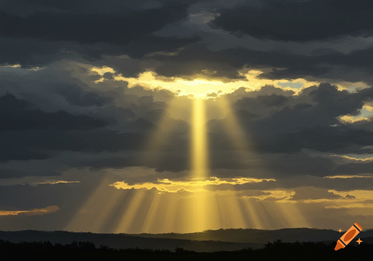 Dramatic digital painting of golden sun rays breaking through dark, ominous clouds over a silhouetted landscape, with a spiritual aesthetic.