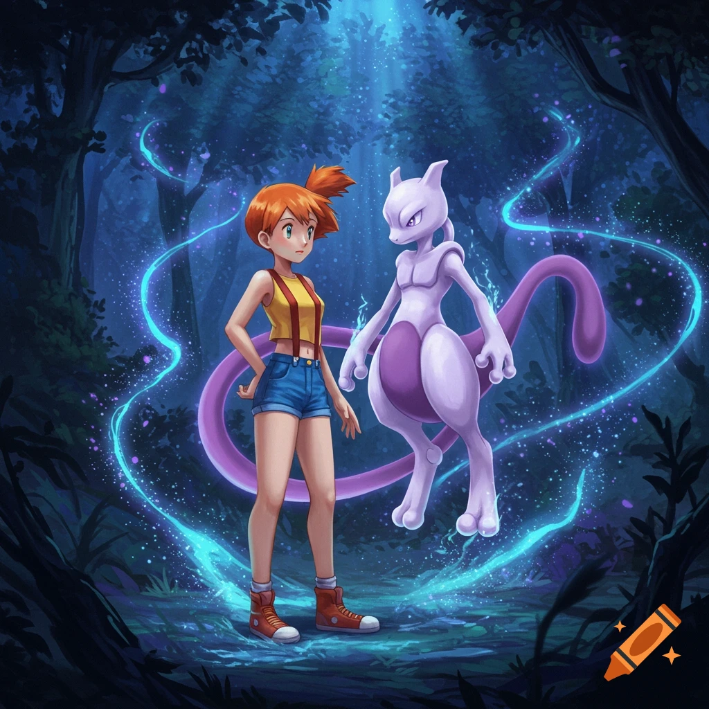 Misty and Mewtwo stand in a mystical, glowing forest at night, surrounded by blue magical energy.