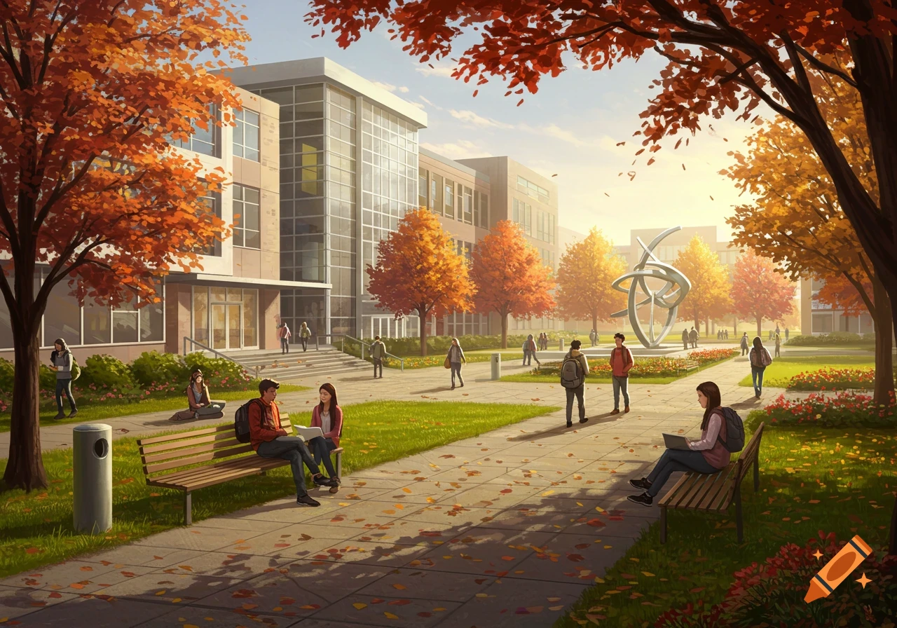 Illustration of a modern college campus in autumn, with students, orange-leafed trees, and an abstract sculpture.