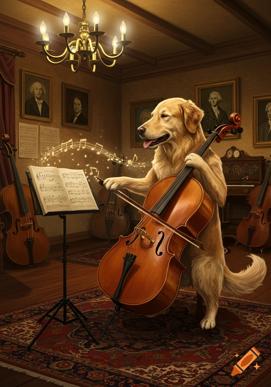 A golden retriever stands on its hind legs, playing a cello in a classical room, with glowing musical notes