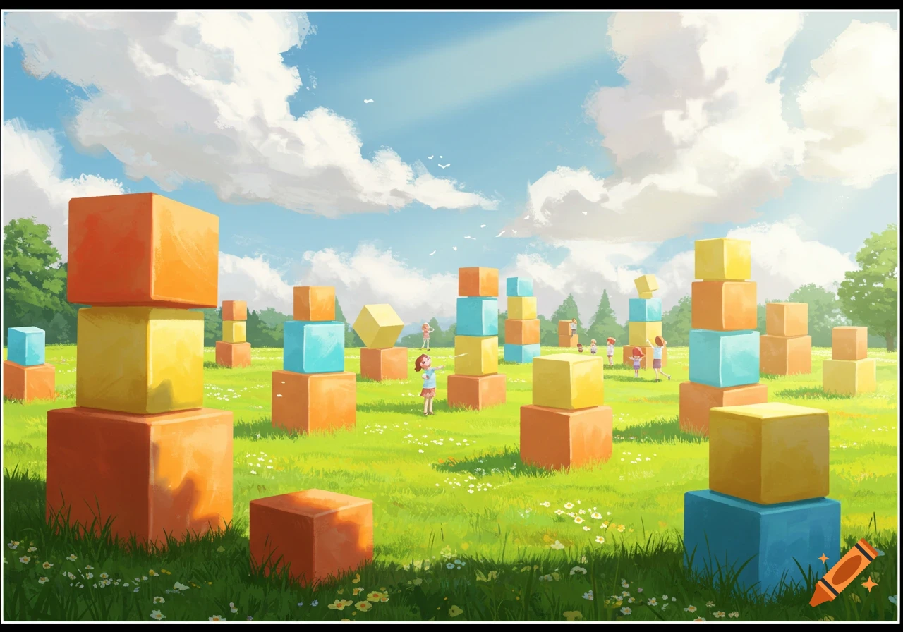 Children play in a sunny, grassy field filled with large, colorful stacked cubes in an illustrative style.