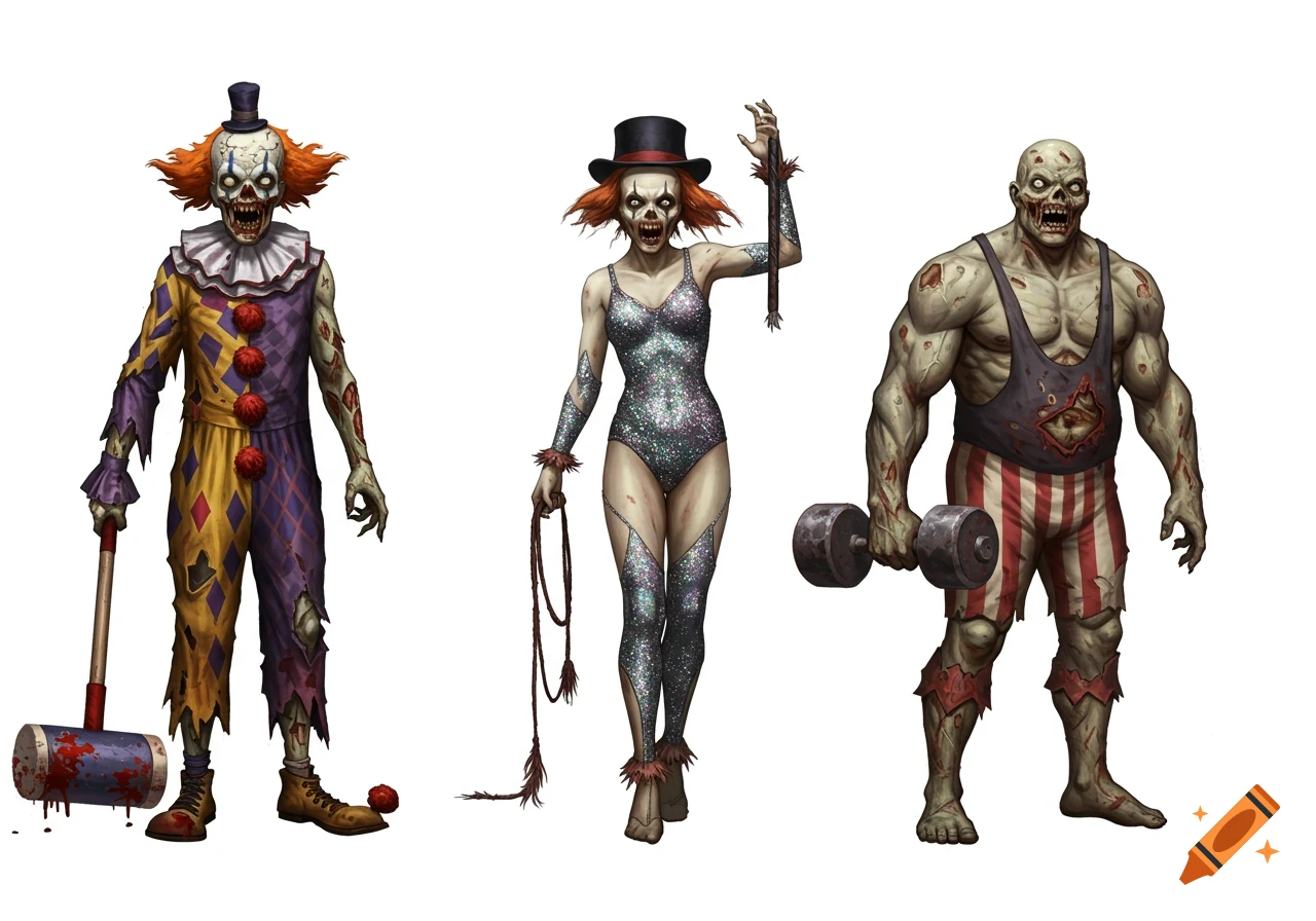 Three full-body zombie circus performers: a clown with a bloody hammer, an acrobat with a whip, and a strongman with a dumbbell, all on a white background.