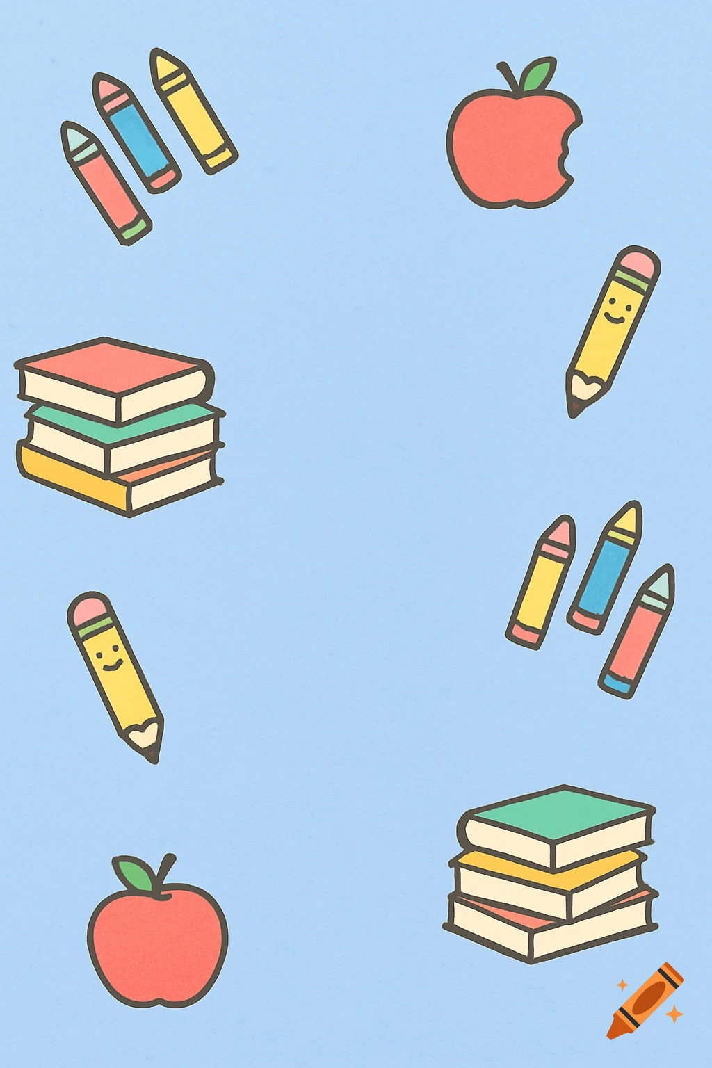 A light blue background with scattered cartoon school supplies including stacks of books, crayons, pencils with faces, and apples.