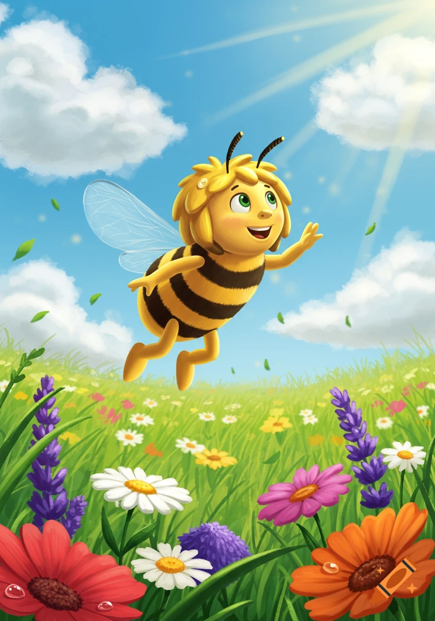 A happy cartoon bee with yellow hair and green eyes flies over a vibrant field of colorful flowers under a sunny blue sky.