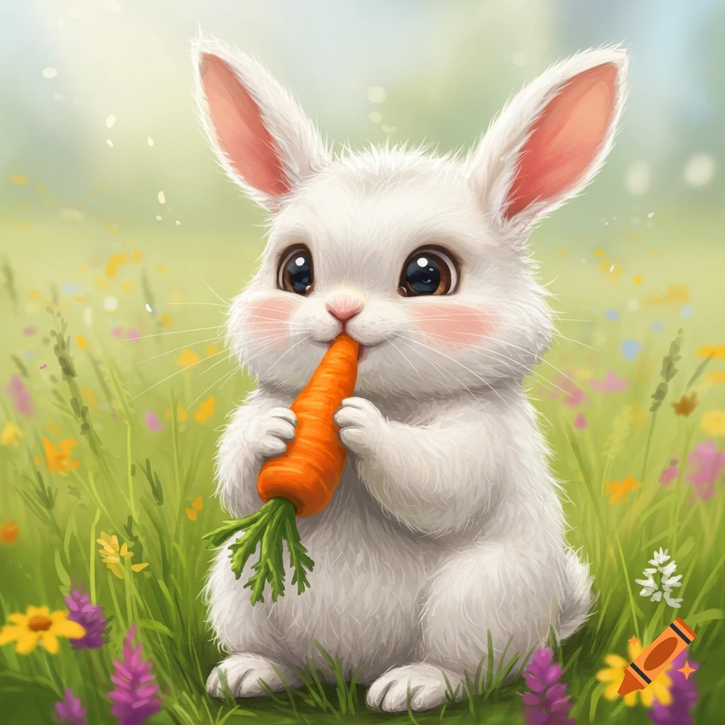 A cute, fluffy white bunny with big eyes sits in a field of wildflowers, happily munching on an orange carrot.