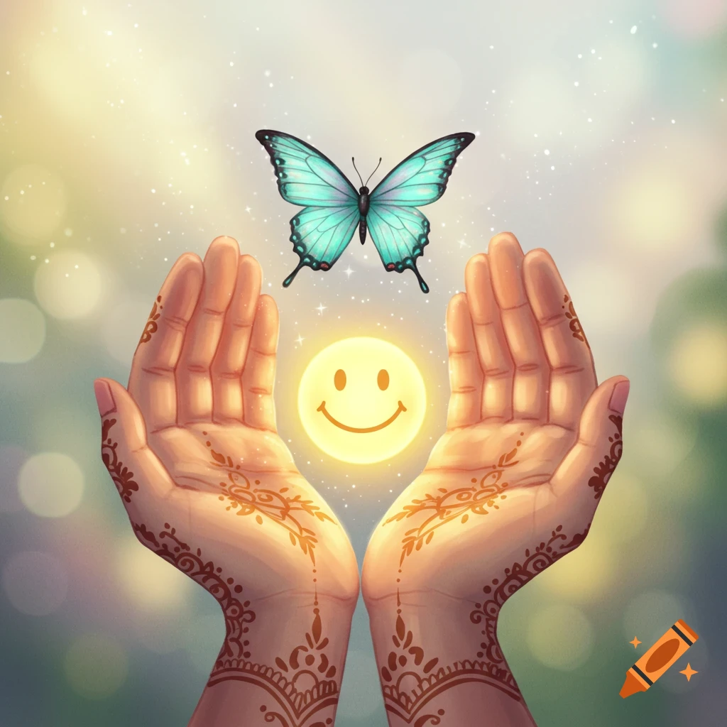 Two hands with henna patterns cup a glowing smiley face, with a turquoise butterfly fluttering above against a bokeh background.