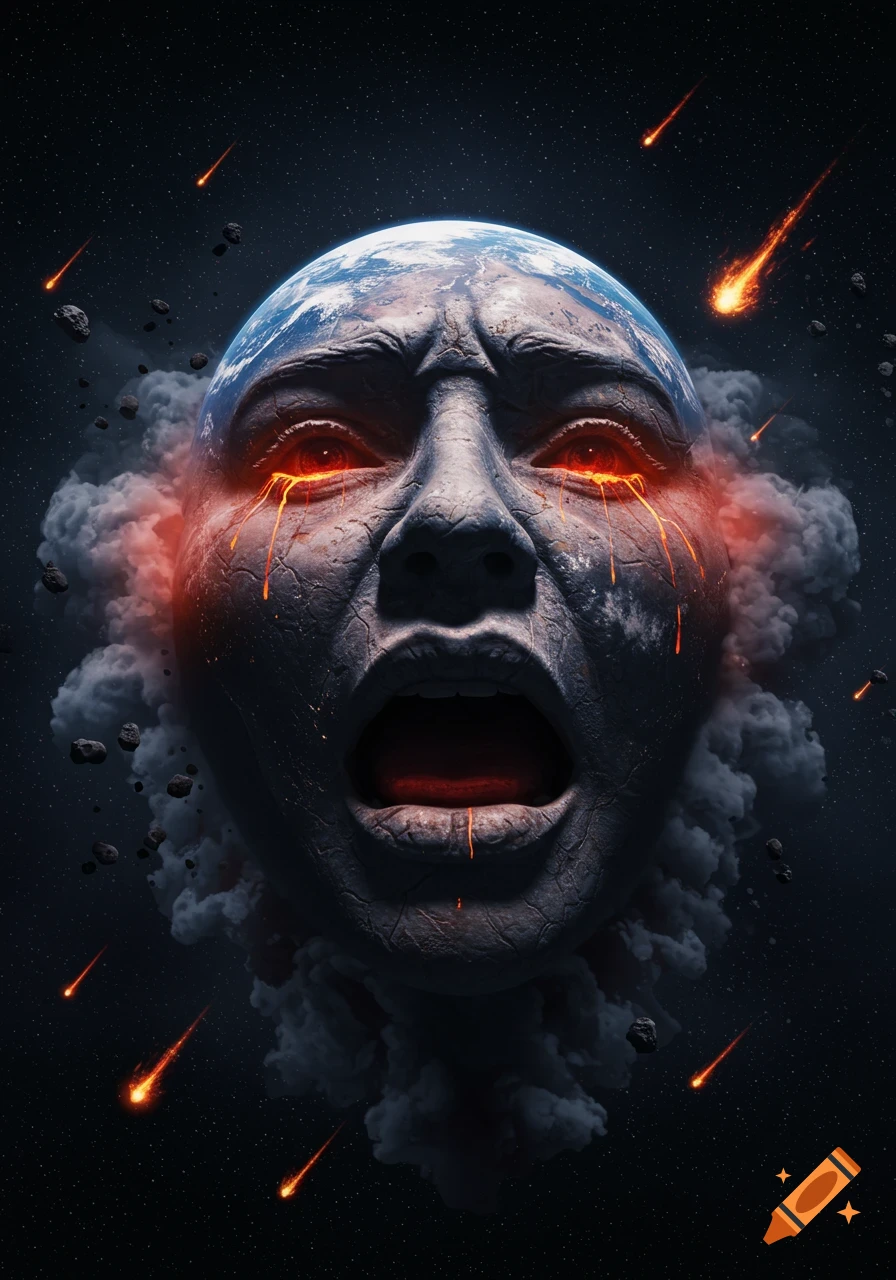 A distressed Earth-like face with glowing red eyes and fiery tears screams amidst space, smoke, and meteors, conveying a sense of crisis.