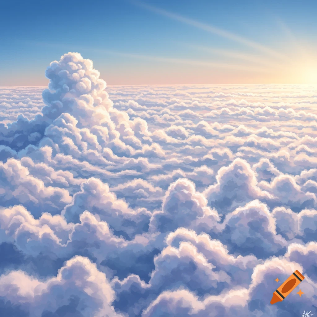 An aerial view of a vast expanse of fluffy white clouds under a clear blue sky, with bright sunlight on the horizon.