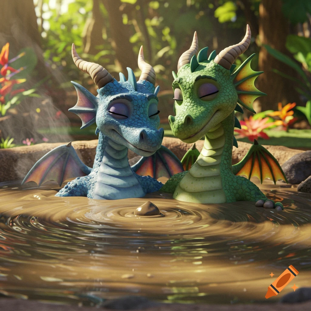 Two friendly cartoon dragons, one blue and one green, relax happily in a steaming mud hot tub in a lush jungle, 3D animation style.