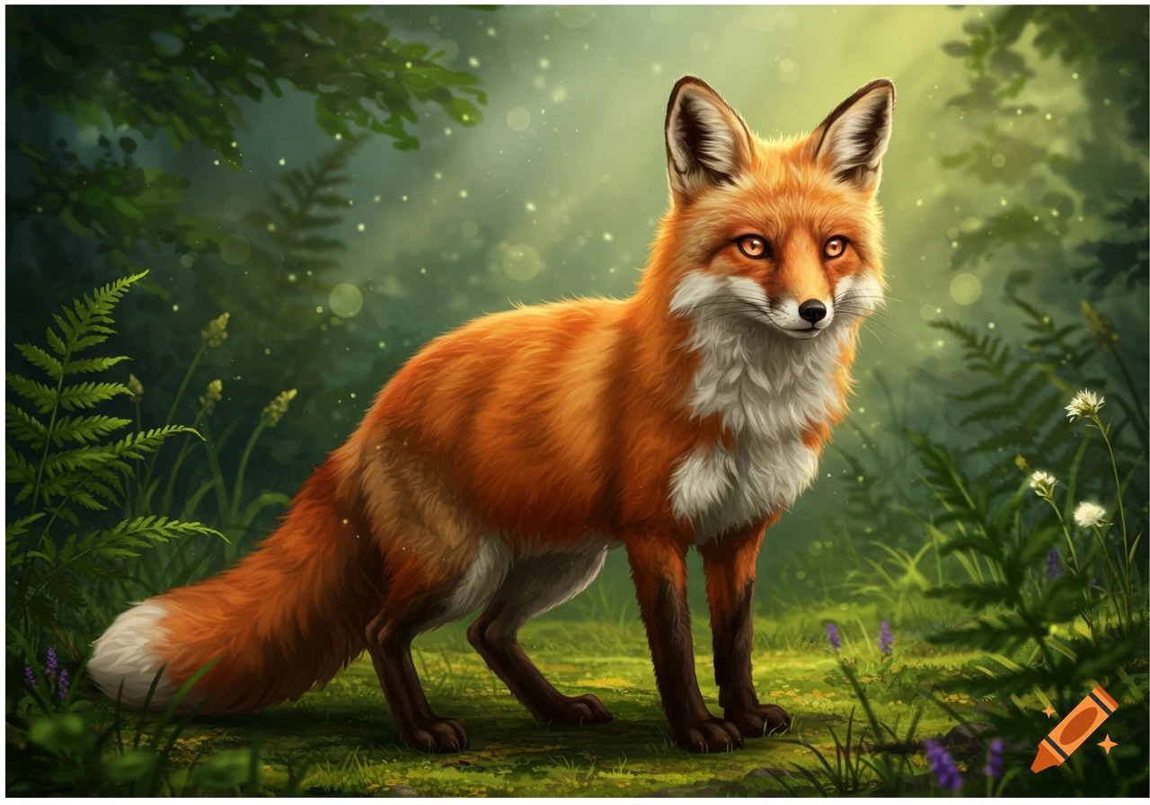 A vibrant red fox with white chest fur stands alert in a sun-dappled
