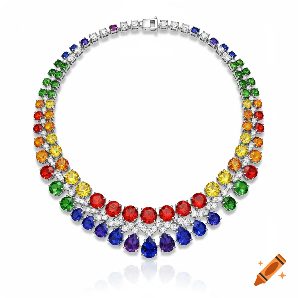 A silver necklace adorned with round and teardrop-shaped rainbow-colored gems, photographed on a white background.