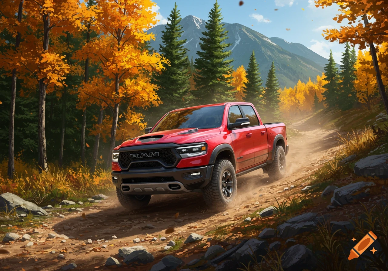 Red Ram TRX pickup truck on a dirt road in an autumn mountain forest, with orange trees and a distant peak.