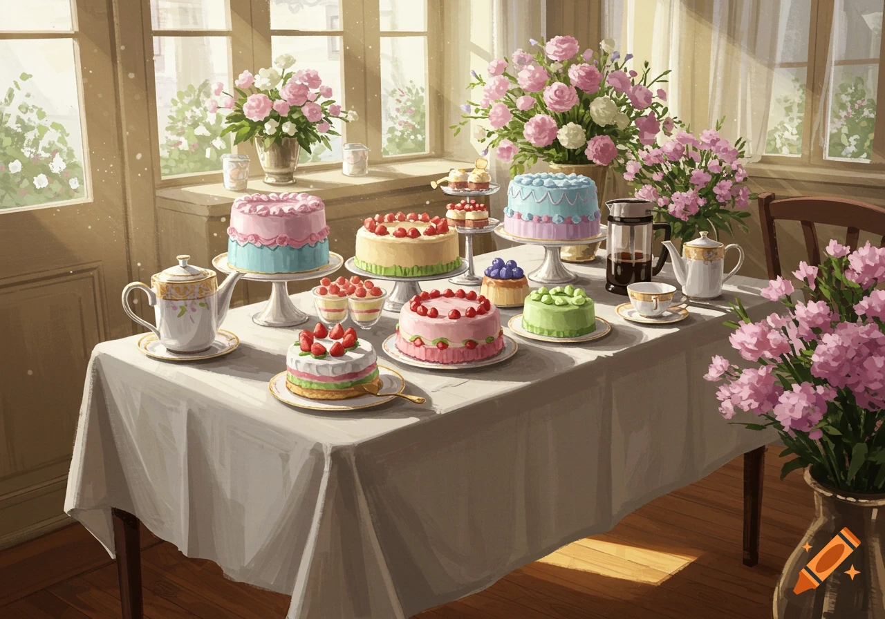 A beautifully arranged dessert table with various cakes, pastries, tea, and coffee in a sunny cafe setting, rendered in pastel tones.