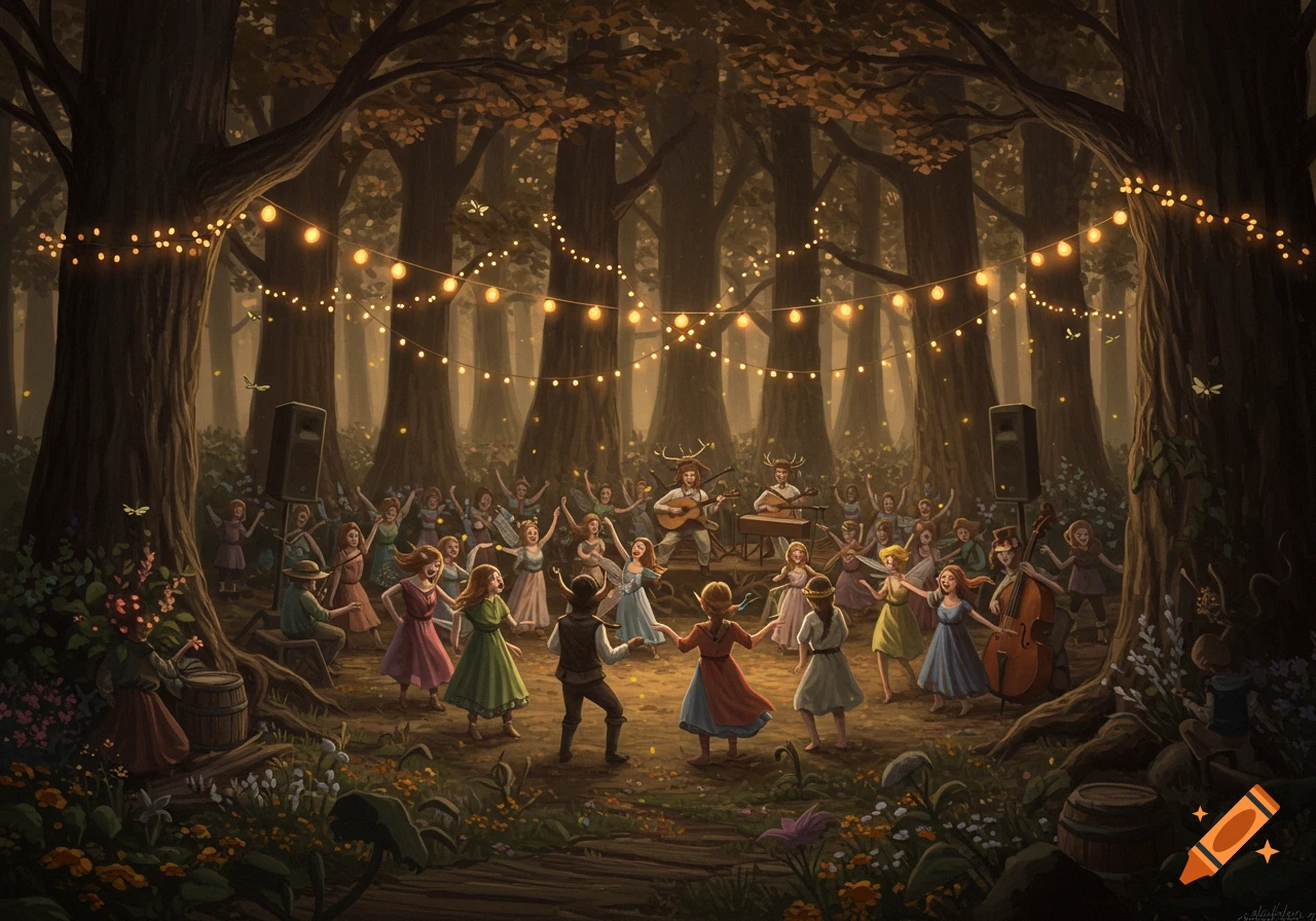 A fantasy illustration of a joyful forest festival with people dancing and musicians under string lights.