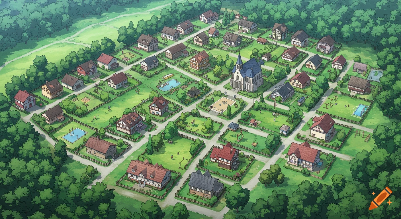 An aerial, isometric anime-style illustration of a peaceful village surrounded by forests and prairies, featuring houses, a church, swimming pools, playgrounds, and fences.