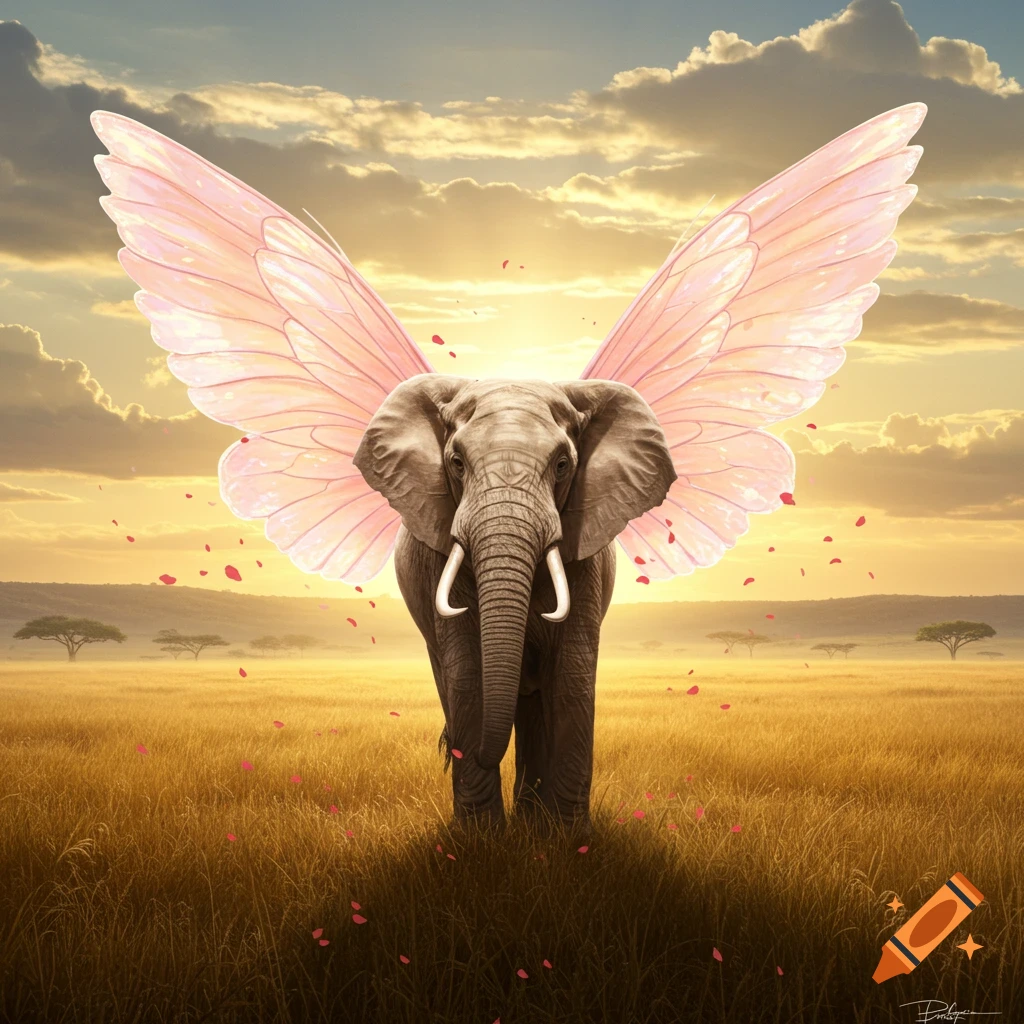 A majestic elephant with large translucent pink wings stands in a golden savanna field at sunset, with scattered pink petals.