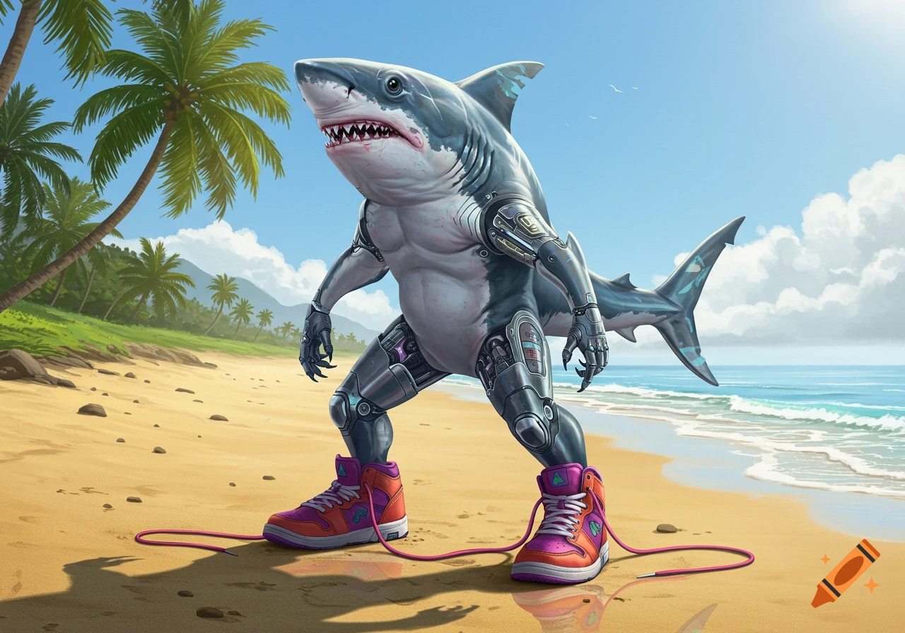 A bipedal mutant shark with robotic arms and legs wears colorful sneakers on a tropical beach.