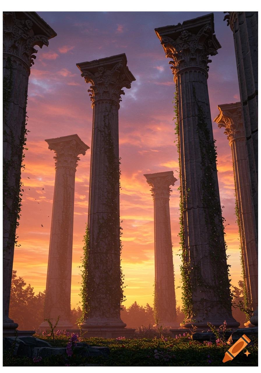 Ancient, vine-covered stone pillars stand majestically against a vibrant orange and purple sunset sky, with a lush forest below and flowers in the foreground.