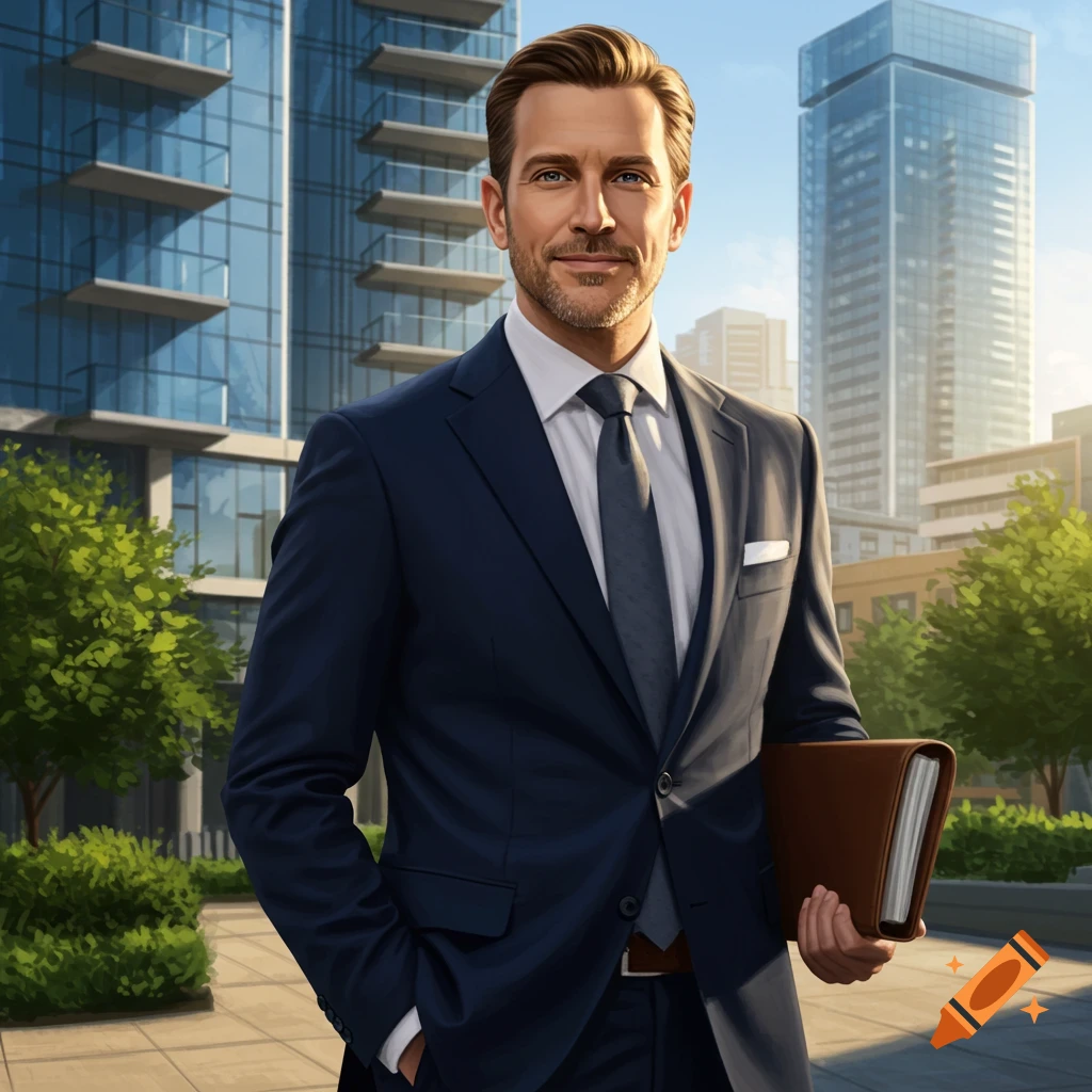 A professional man in a navy suit holding a folder stands in a city with modern glass buildings.