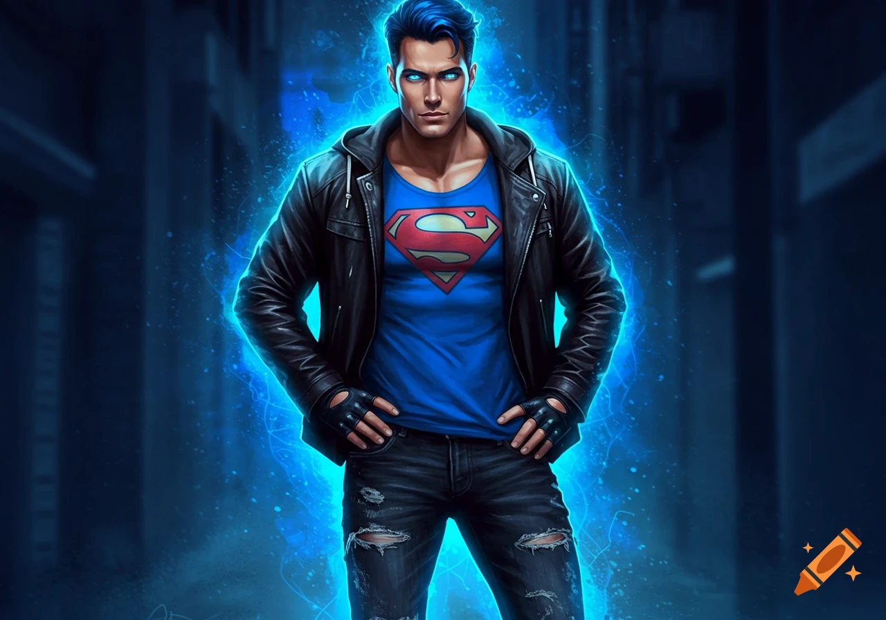 A confident man with blue hair and glowing blue eyes stands with hands on hips, wearing a black leather jacket, a blue Superman t-shirt, and ripped jeans, glowing with blue energy against a dark urban background.