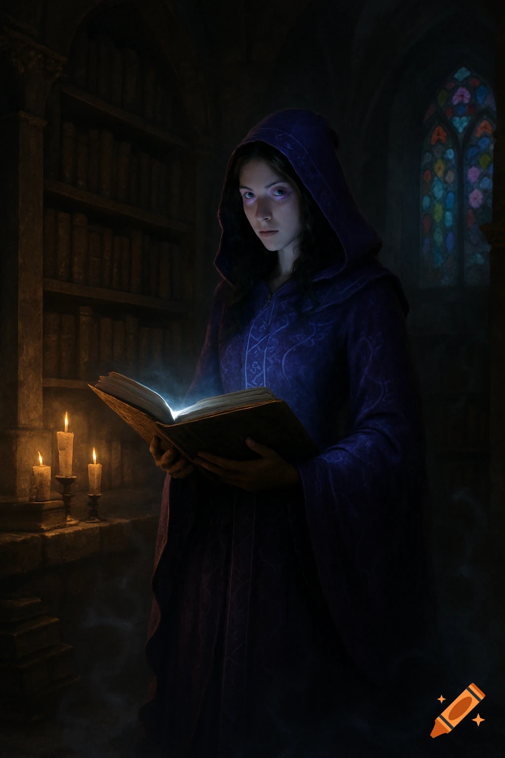A mysterious female wizard in a hooded purple robe reads a glowing book in a dark, ancient library, illuminated by candlelight and a stained glass window.