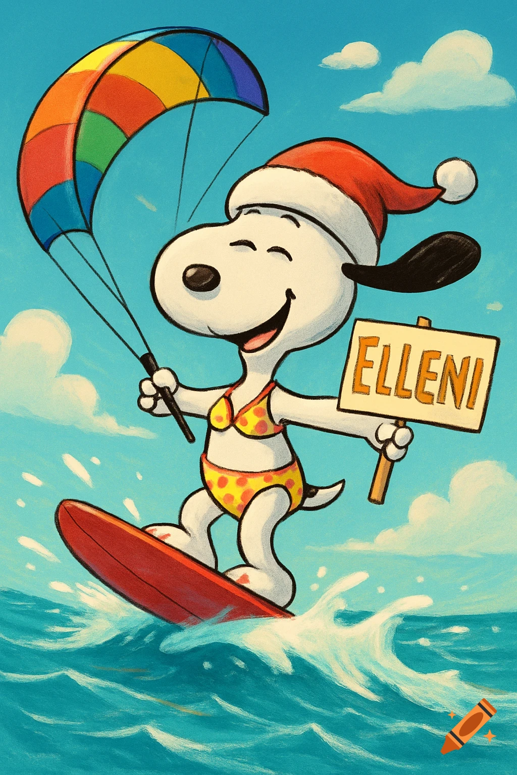 Cartoon Snoopy in a bikini and Santa hat, kiteboarding on blue ocean waves, holding a sign with 'ELLENI'.