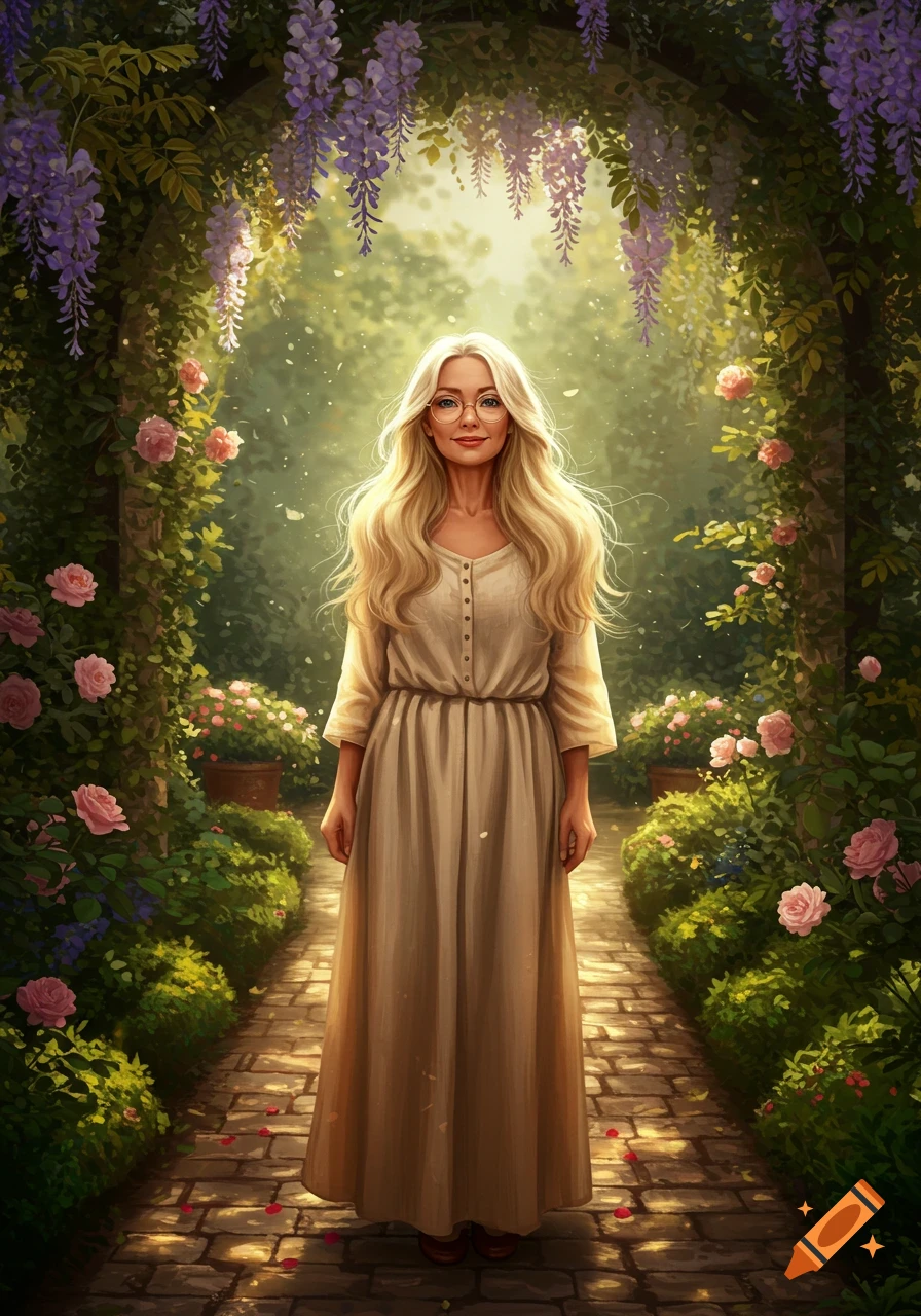 A blonde woman with glasses in a long dress stands in a sunlit garden archway with wisteria and roses.