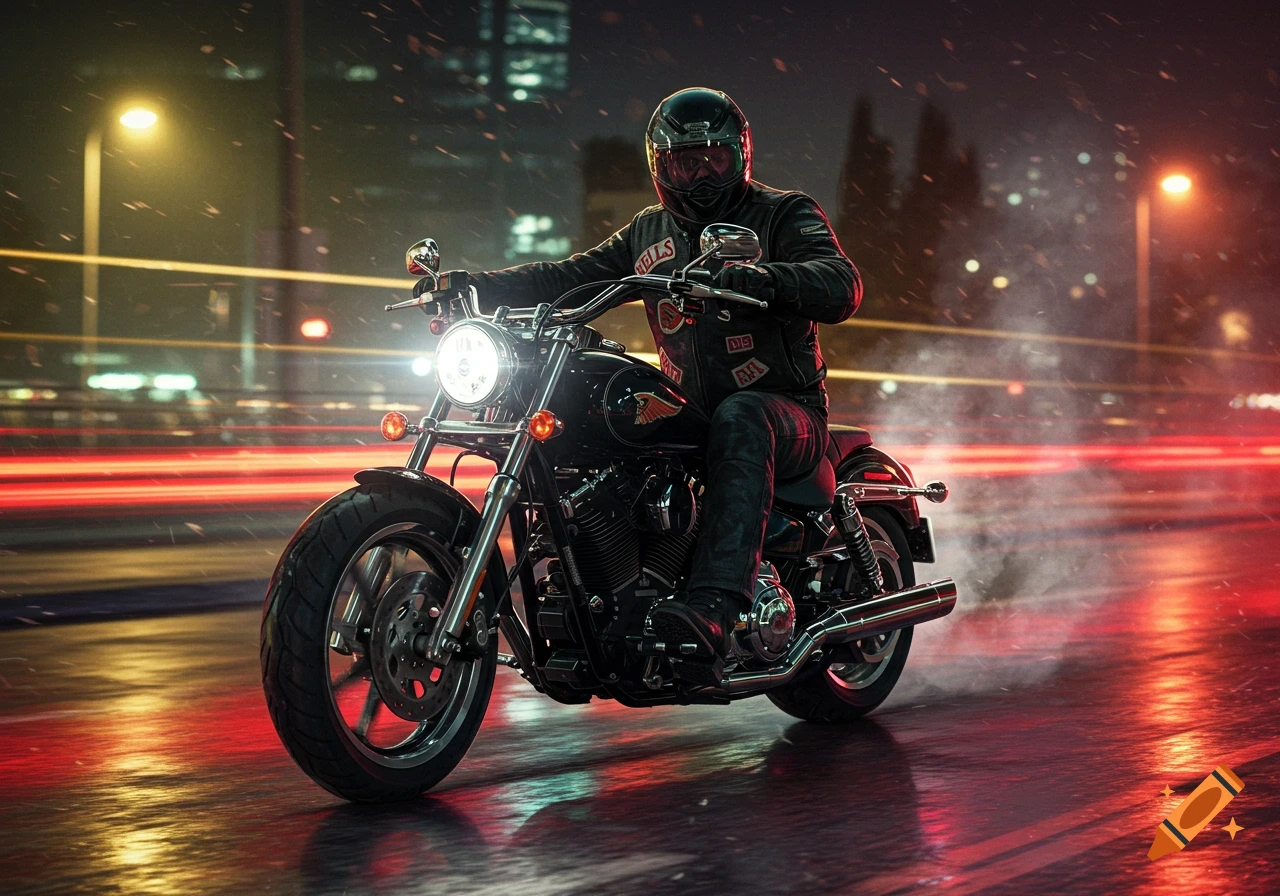 A biker wearing a leather jacket and helmet rides a black motorcycle down a wet city street at night, illuminated by the bike's headlight and red streaking taillights.