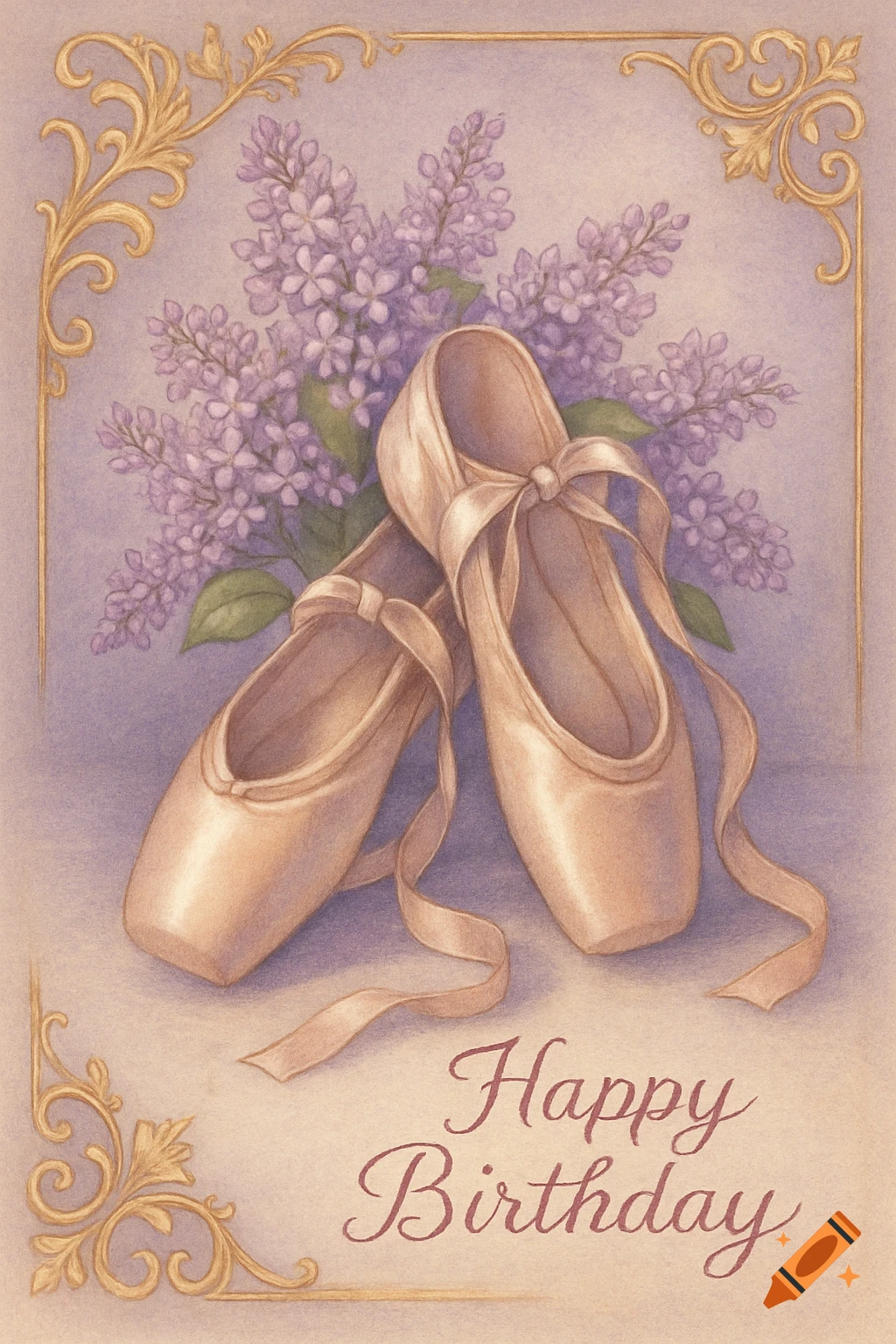 An illustration of two ballet pointe shoes with ribbons, purple lilacs, gold ornate corners, and 'Happy Birthday' text.