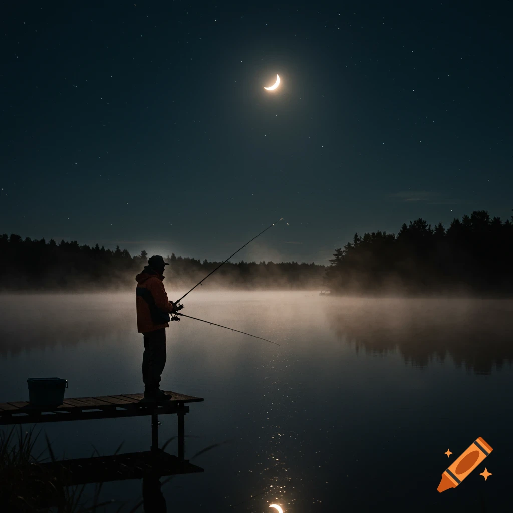 A solitary angler fishes from a pier on a misty lake at night under a crescent moon and starry sky, with dark forest silhouettes.