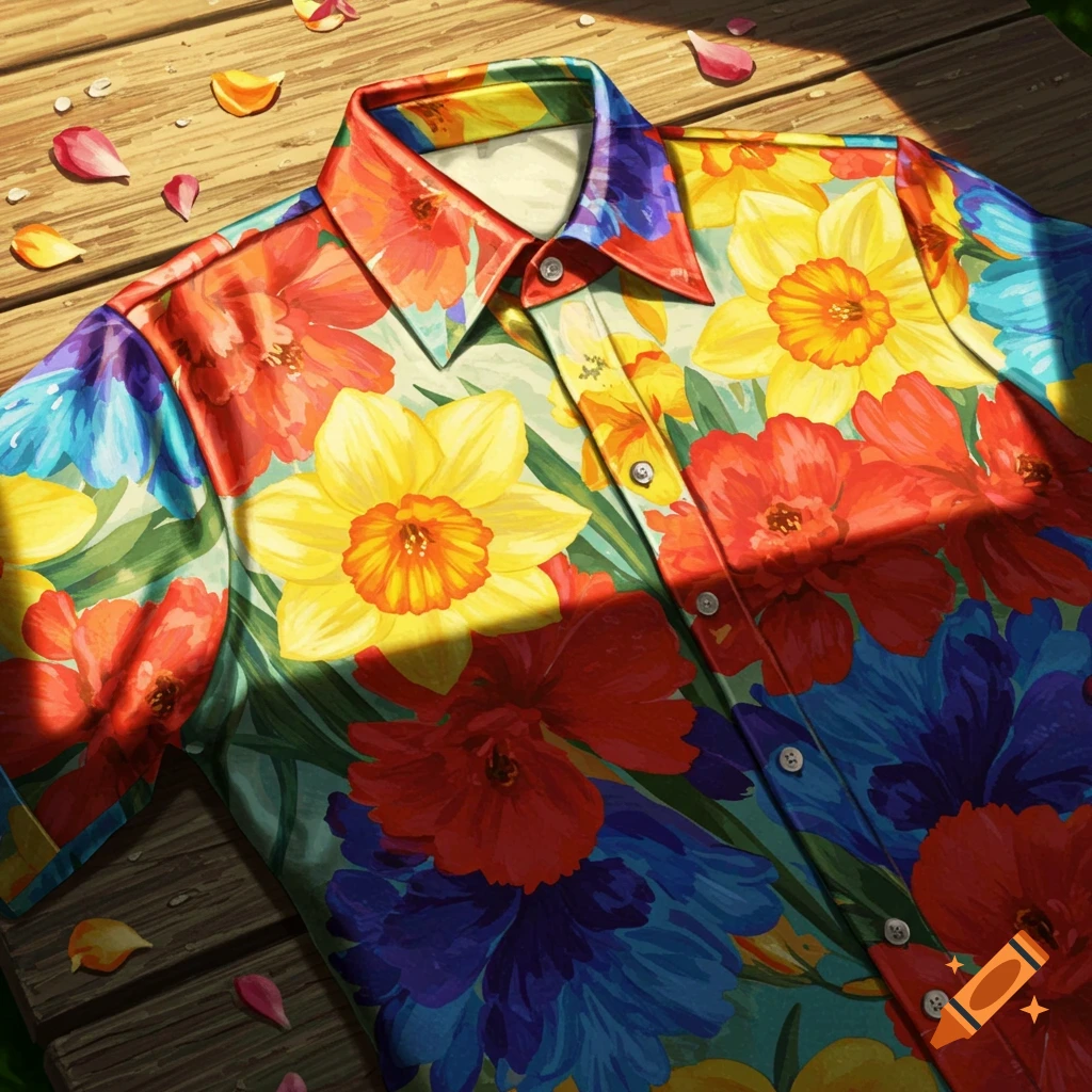 A vibrant floral short-sleeved shirt with red, yellow, and blue flowers, lying on a sun-drenched wooden deck with scattered petals.