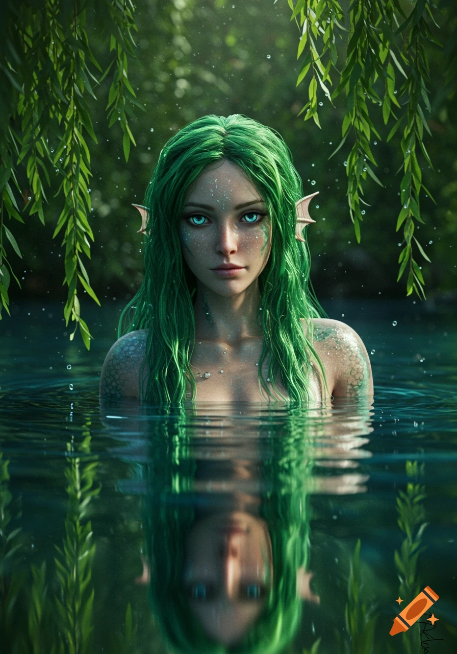 A photorealistic portrait of a naiad with vibrant green hair and scales, emerging from green water with leaves overhead.