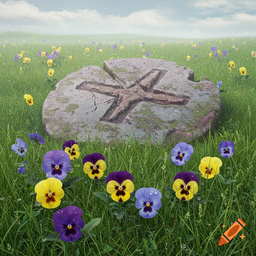 A field of purple and yellow pansies surrounds a large, mossy stone with an "X" symbol carved into its surface under a misty sky.