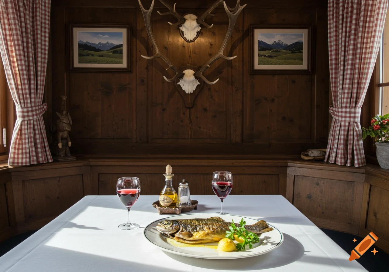 A plated roasted trout with lemon and parsley on a table with wine glasses, set in a rustic, wood-paneled restaurant with deer antlers on the wall.
