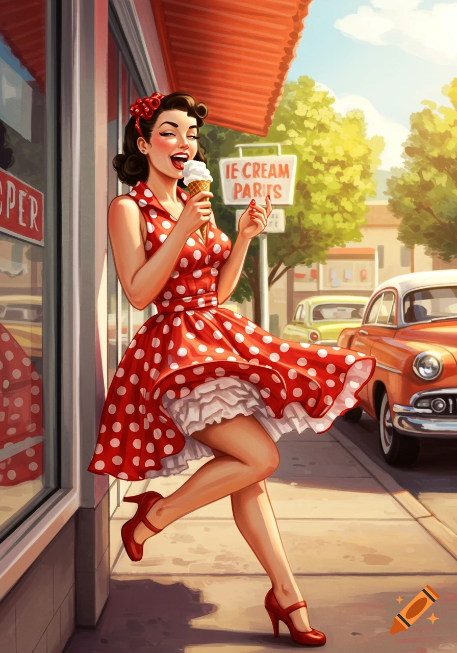 A smiling pin-up woman in a red polka-dot dress eats ice cream as the wind lifts her skirt, on a retro street with vintage cars and shops.