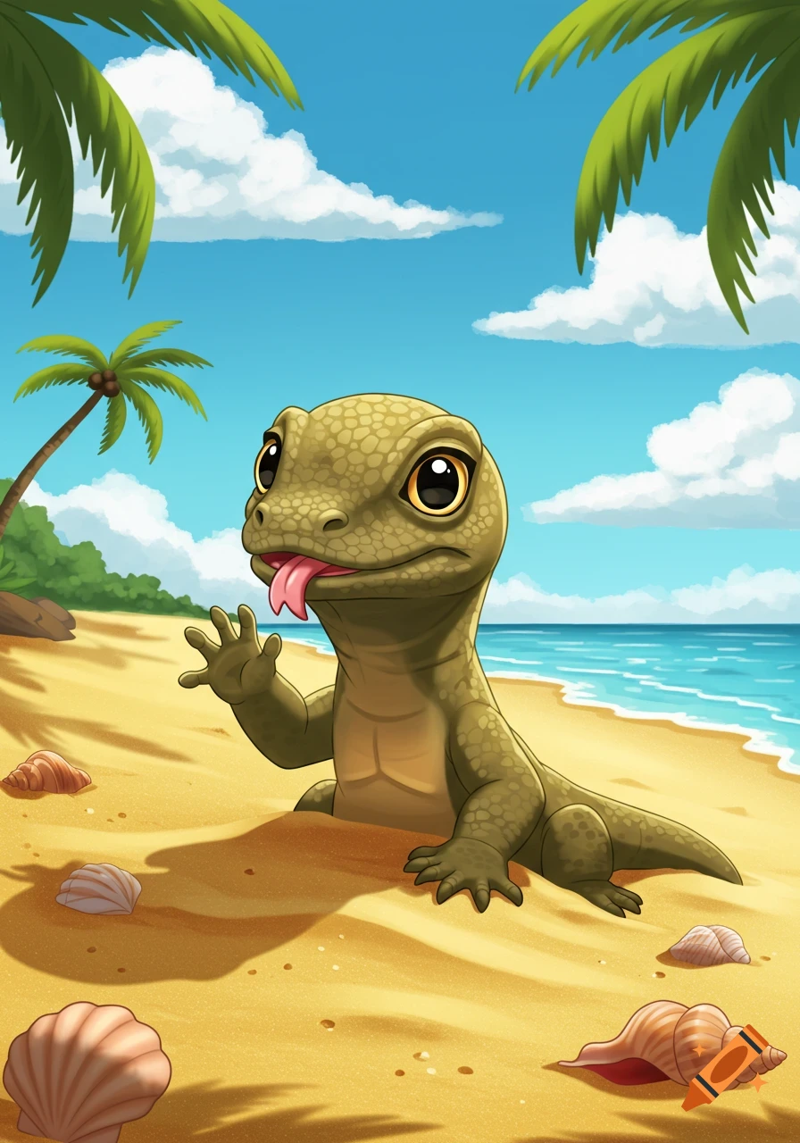 A cute cartoon baby lizard with its tongue out, waving on a sandy beach with palm trees and ocean.