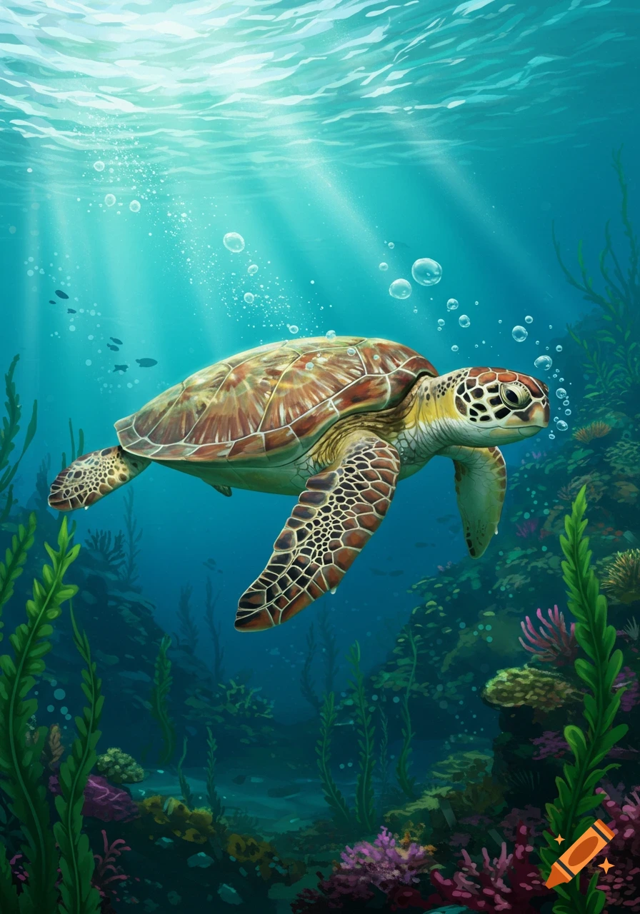 An illustrated sea turtle swims underwater among colorful coral, seaweed, and bubbles.