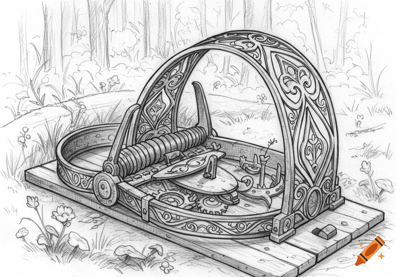 Detailed pencil sketch of an elaborate animal trap with decorative patterns, set in a forest.