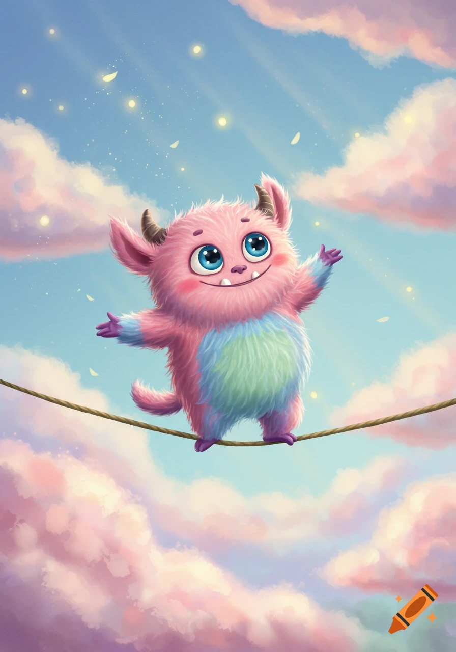 A fluffy pink, blue, and green monster with horns balances on a tightrope high in a blue sky with pink clouds, in a cute cartoon style.