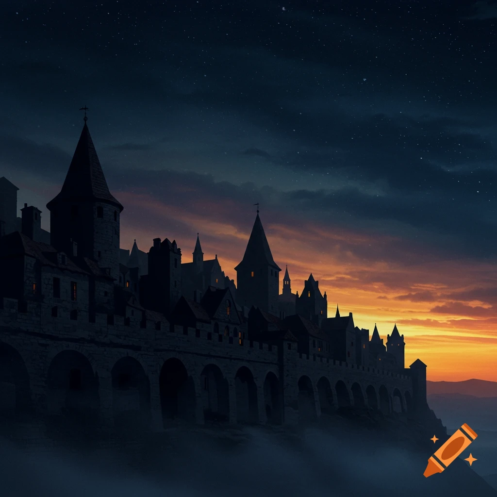 A dark silhouette of a medieval town with spires and archways, shrouded in mist, against a dramatic orange and dark blue sunset sky.