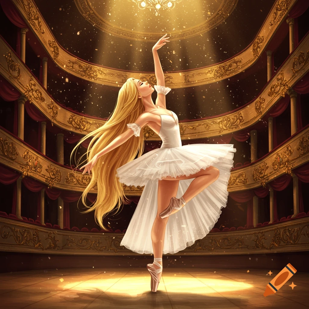 A long-haired blonde ballerina in a white tutu dances en pointe on a spotlighted stage in a grand opera house.