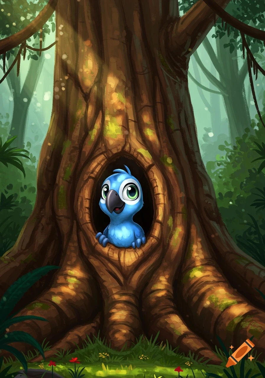 A cute blue cartoon bird peeking out from a hole in a large tree trunk in a lush green forest, stylized illustration.