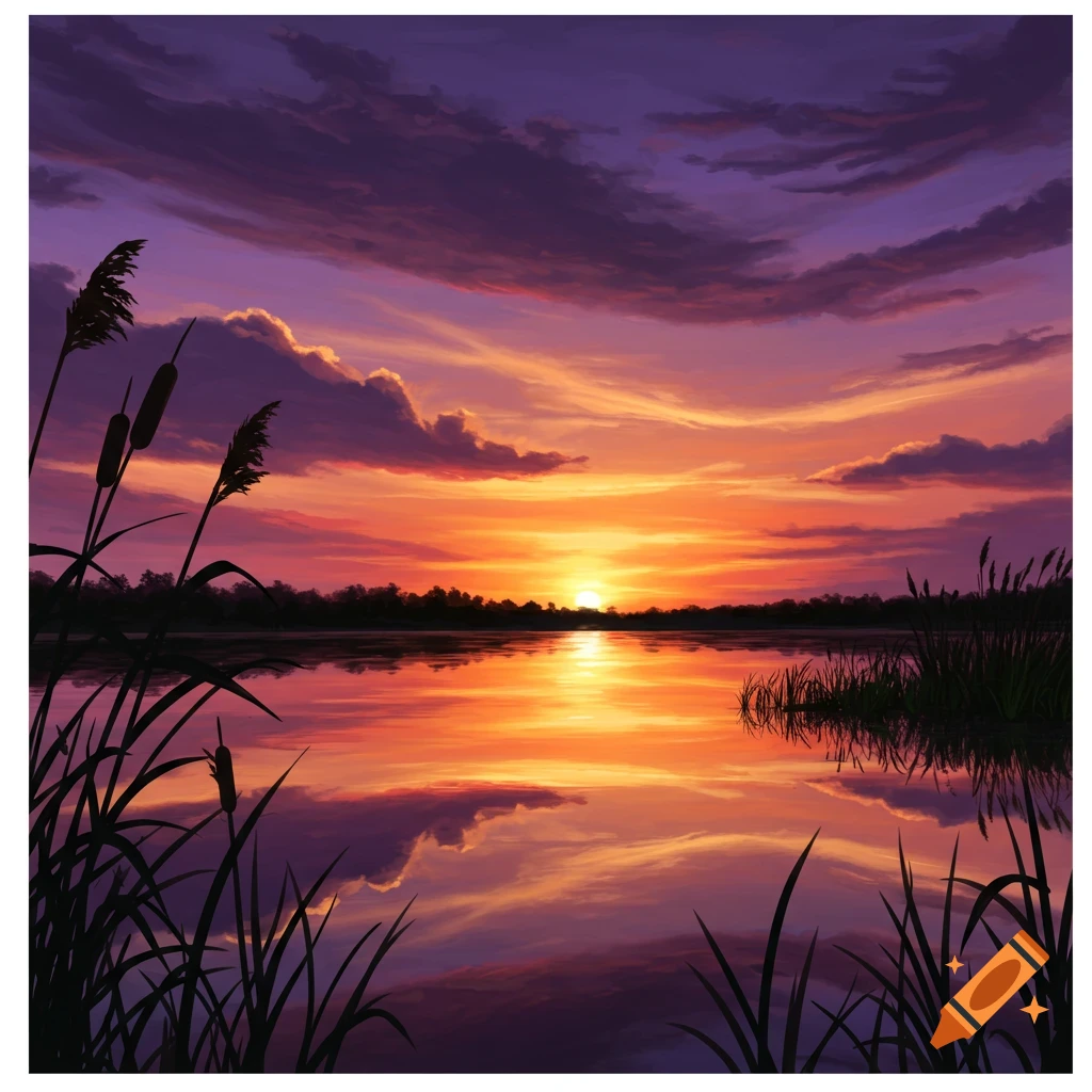 Vibrant orange and purple sunset over a calm lake, with silhouetted reeds in the foreground and reflections on the water, digital art.