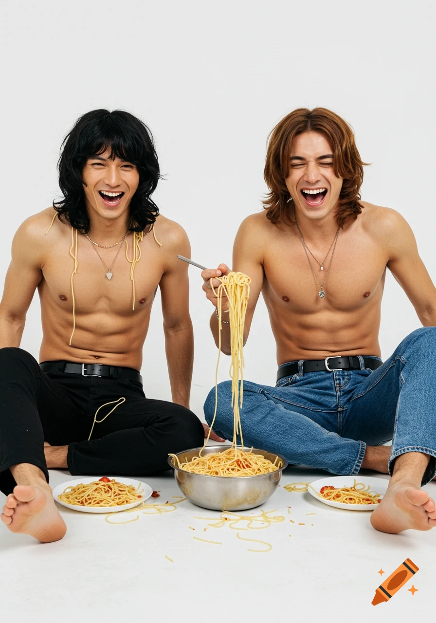 Two shirtless men with spaghetti on their chests and hair laugh; one holds a forkful of spaghetti from a large bowl.